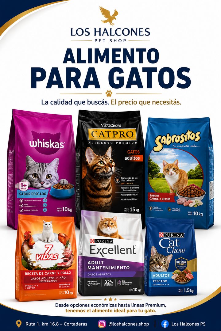 Alimento para gatos: Whiskas, CatPro, Sabrositos, 7 Vidas, Purina